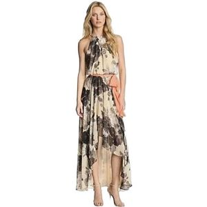 Eliza J Floral Hi-Lo Hem Gold Chain Halter Chiffon Dress Black Cream Gray 14